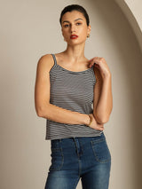 Black and white striped silk spaghetti strap camisole top with square neckline
