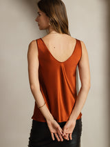 Orange silk sleeveless V-neck tank top with V back design