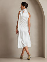 White silk sleeveless tie neck midi dress with straight fit, back view