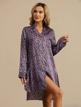 Purple leopard print silk nightshirt with notch collar, button front and high-low hem