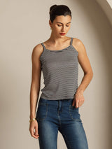 Black and white striped silk camisole top with spaghetti straps and square neckline