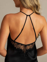 Black silk halter camisole set with open back and lace trim