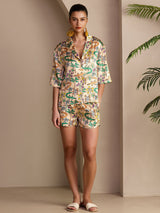 Beige 19 momme mulberry silk pajama set with colorful crocodile print, short-sleeve top and shorts