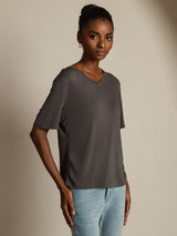 Women’s pure silk V-neck T-shirt in dark gray, short sleeves, relaxed fit