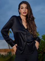 [Black] SilkSilky  Long Sleeve Lapel Collar Women's Shirts 003