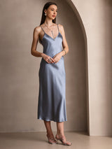 [Grayish Blue] SilkSilky  Spaghetti Strap V Neck Dress 004