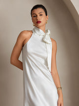 White silk sleeveless tie-neck midi dress with straight fit