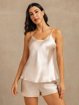 [Beige] SilkSilky  Spaghetti Strap V Neck Camisole Set 001