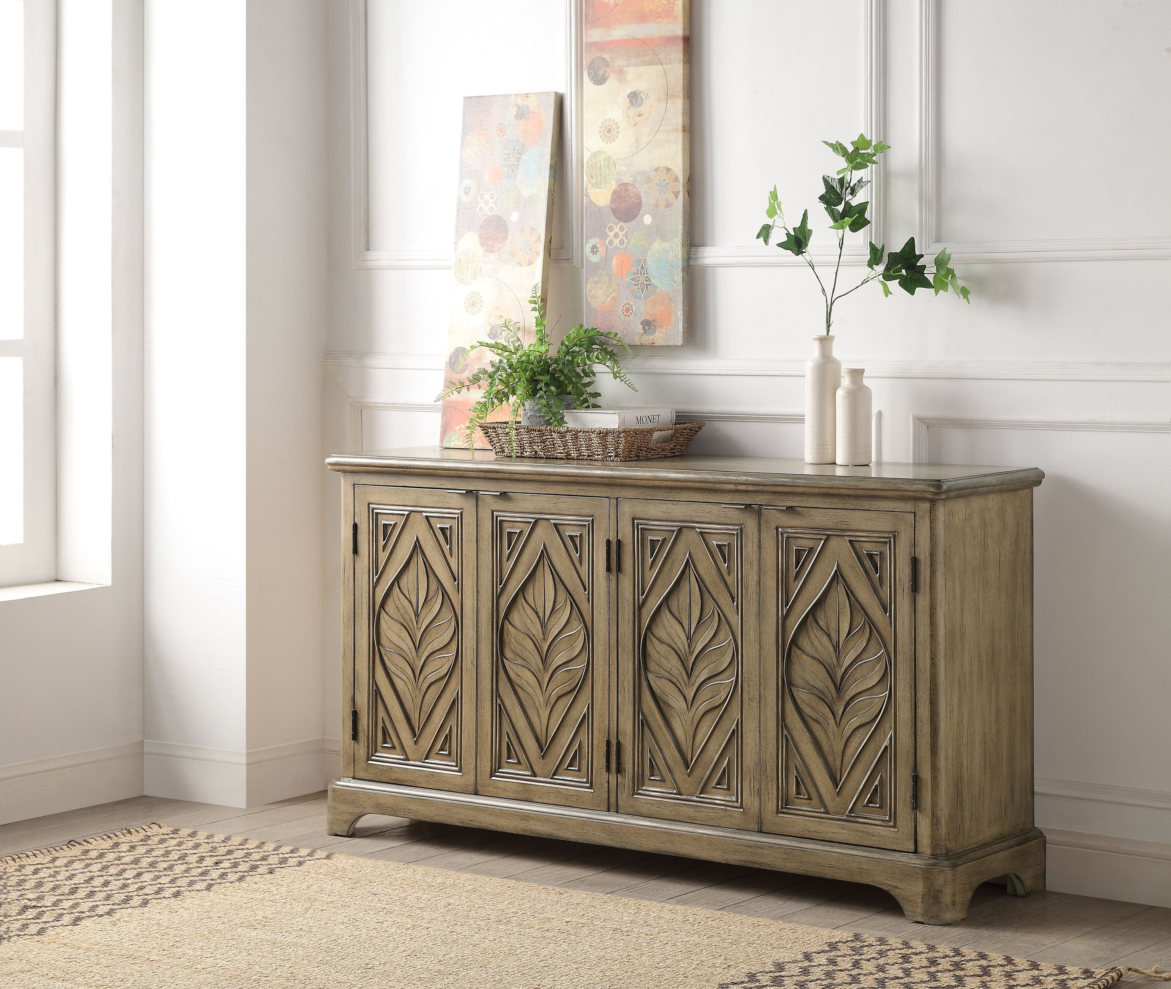 Acme Magdi Wooden Console Table with 4 Mirrored Doors in Antique Gray