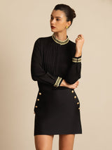 Black silk pleated stand collar blouse with gold trim and button cuffs