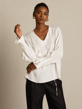 [White] SilkSilky  Long Sleeve V Neck Women's Blouse 004