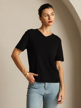 [Black] SilkSilky  Short Sleeve V Neck Women's T-Shirt 007
