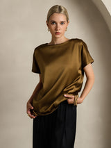 [Brown] SilkSilky  Short Sleeve Boat Neck Women's T-Shirt 003