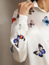 [White Butterfly] SilkSilky  Long Sleeve Lapel Collar Women's Shirts 004