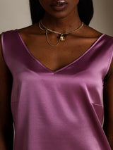 Purple silk sleeveless V-neck tank top with smooth satin finish