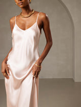 [Pink] SilkSilky  Spaghetti Strap V Neck Dress 005