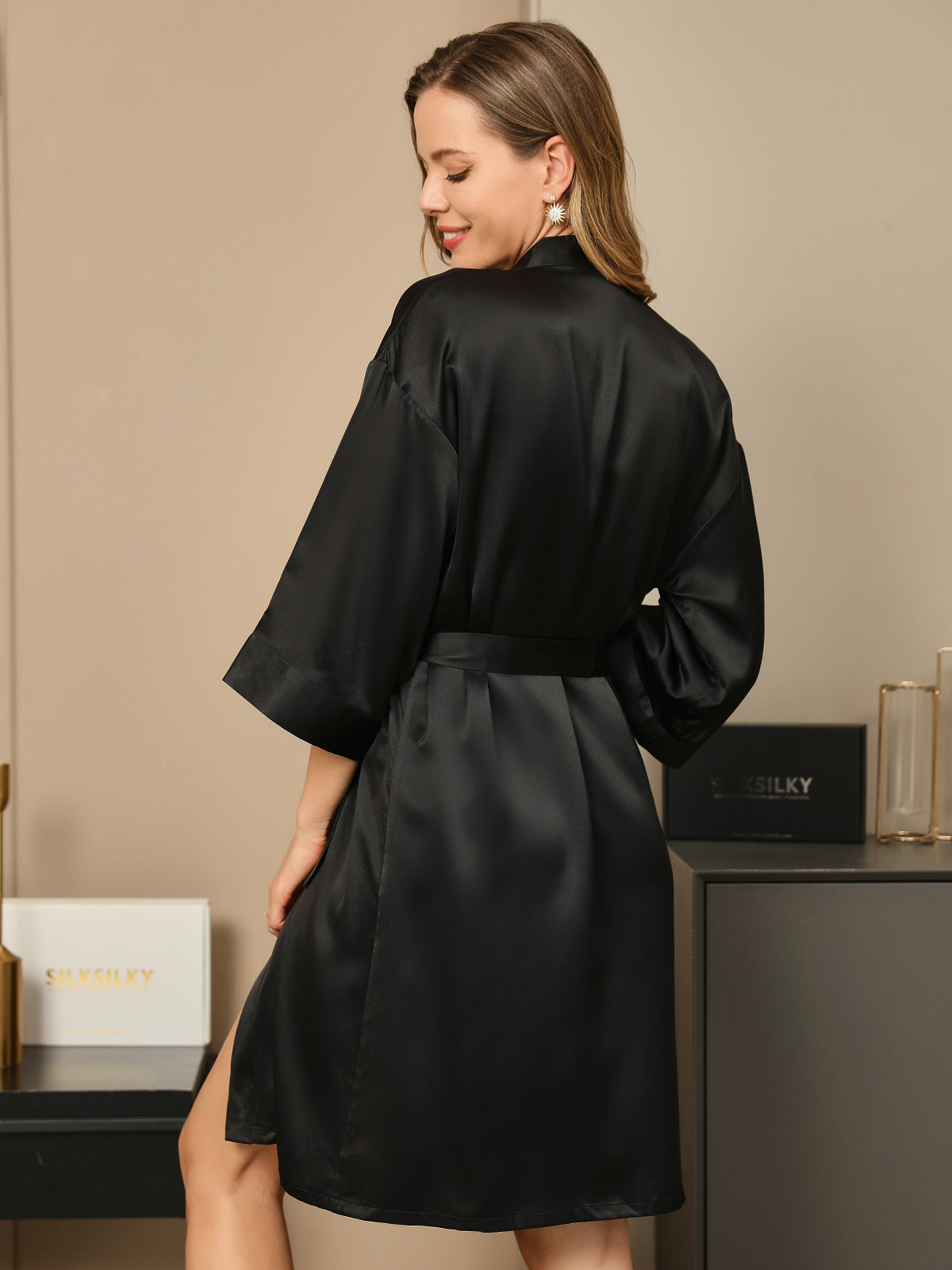 [Black] SilkSilky  3/4 Sleeve Women's Robe 002
