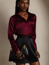 Burgundy silk long sleeve lapel blouse with flap pockets