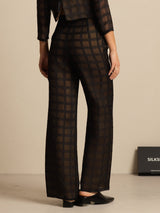 Black sheer silk wide-leg pants with textured grid jacquard and high waist
