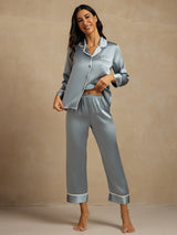 [Grayish Blue] SilkSilky  Long Sleeve Lapel Collar Women's Pajamas 003