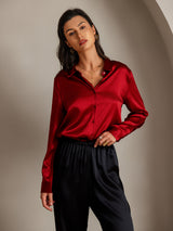 [Red] SilkSilky  Long Sleeve Lapel Collar Women's Shirts 004
