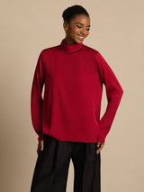 Red 19Momme silk turtle neck long sleeve top with relaxed fit