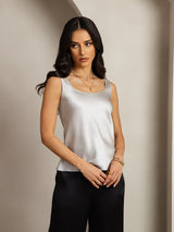 Women's silver silk sleeveless U-neck tank top with straight fit