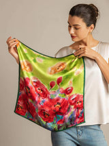 Mulberry silk square scarf with bold red floral print and green border