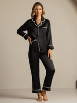 [Black] SilkSilky  Long Sleeve Lapel Collar Women's Pajamas 006