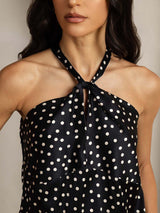 Black polka dot silk halter top with twist front and keyhole neckline
