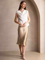 [White] SilkSilky  Cap Sleeve Cowl Neck Women's T-Shirt 007