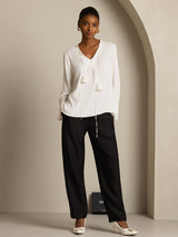 [White] SilkSilky  Long Sleeve V Neck Women's Blouse 008