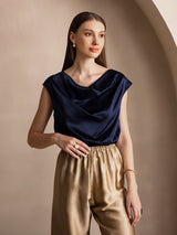 [Dark Blue] SilkSilky  Cap Sleeve Cowl Neck Women's T-Shirt 004