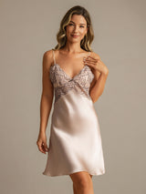 [Pink] SilkSilky  Spaghetti Strap Deep V Neck Nightgown 008