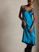 [Teal] SilkSilky  Spaghetti Strap V Neck Dress 003