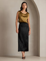 Women’s silk sleeveless round neck tank top in gold satin with black skirt
