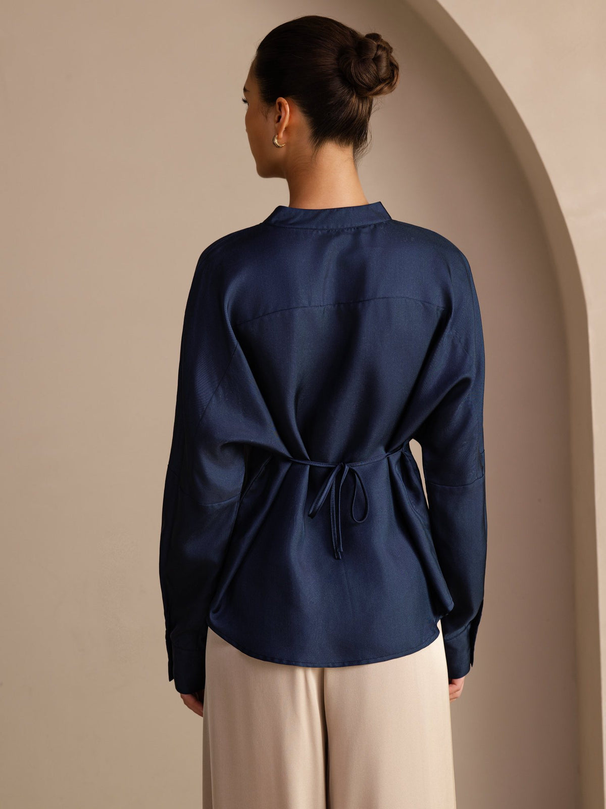 [Dark Blue] SilkSilky  Long Sleeve Split Women's Blouse 002