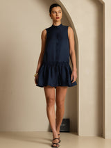 Navy sleeveless silk short dress with stand collar, button front and ruffle hem
