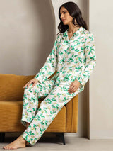 Women's green floral silk pajama set with notch collar and long sleeves