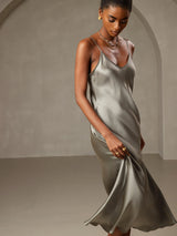 [Grayish Green] SilkSilky  Spaghetti Strap V Neck Dress 004