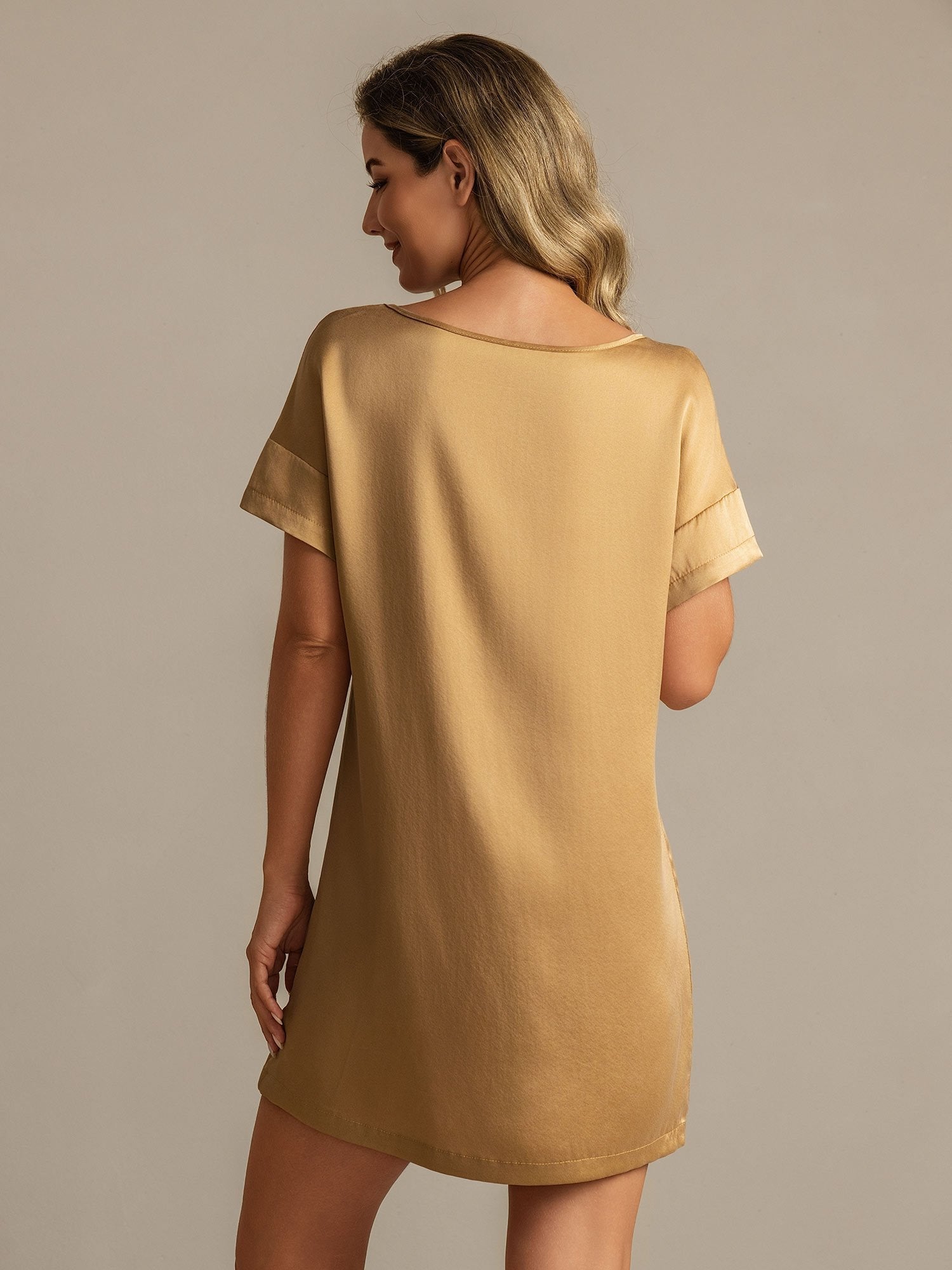 [Tan] SilkSilky  Short Sleeve Round Neck Nightgown 002
