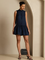 Navy sleeveless pure silk short dress with stand collar, button front and drawstring waist