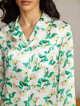 Women's green floral silk pajama top with notch collar and front pocket