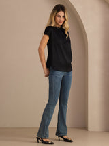 [Black] SilkSilky  Short Sleeve Split Women's Blouse 005