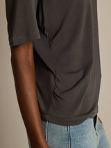 Dark gray pure silk V-neck women's T-shirt with short sleeves and draped side seam