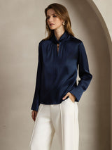 [Dark Blue] SilkSilky  Long Sleeve Keyhole Neck Women's Blouse 003