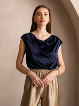 [Dark Blue] SilkSilky  Cap Sleeve Cowl Neck Women's T-Shirt 003