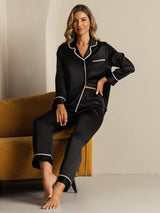 [Black] SilkSilky  Long Sleeve Lapel Collar Women's Pajamas 008