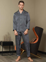 [Navy Ginkgo] SilkSilky  Long Sleeve Lapel Collar Men's Pajamas 008