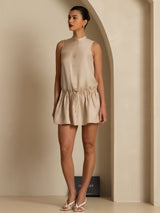 Beige sleeveless silk short dress with button front and drawstring waist
